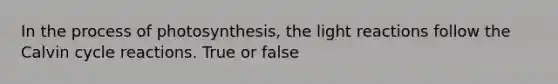 In the <a href='https://www.questionai.com/knowledge/kZdL6DGYI4-process-of-photosynthesis' class='anchor-knowledge'>process of photosynthesis</a>, the <a href='https://www.questionai.com/knowledge/kSUoWrrvoC-light-reactions' class='anchor-knowledge'>light reactions</a> follow the Calvin cycle reactions. True or false