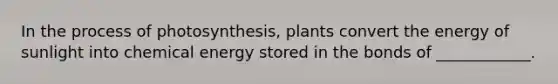 In the <a href='https://www.questionai.com/knowledge/kZdL6DGYI4-process-of-photosynthesis' class='anchor-knowledge'>process of photosynthesis</a>, plants convert the energy of sunlight into chemical energy stored in the bonds of ____________.