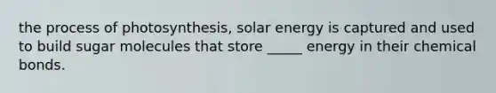 the process of photosynthesis, solar energy is captured and used to build sugar molecules that store _____ energy in their chemical bonds.