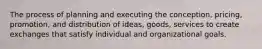 The process of planning and executing the conception, pricing, promotion, and distribution of ideas, goods, services to create exchanges that satisfy individual and organizational goals.