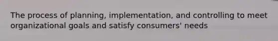 The process of planning, implementation, and controlling to meet organizational goals and satisfy consumers' needs