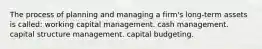 The process of planning and managing a firm's long-term assets is called: working capital management. cash management. capital structure management. capital budgeting.