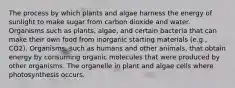 The process by which plants and algae harness the energy of sunlight to make sugar from carbon dioxide and water. Organisms such as plants, algae, and certain bacteria that can make their own food from inorganic starting materials (e.g., CO2). Organisms, such as humans and other animals, that obtain energy by consuming organic molecules that were produced by other organisms. The organelle in plant and algae cells where photosynthesis occurs.