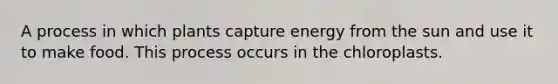 A process in which plants capture energy from the sun and use it to make food. This process occurs in the chloroplasts.