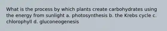 What is the process by which plants create carbohydrates using the energy from sunlight a. photosynthesis b. the Krebs cycle c. chlorophyll d. gluconeogenesis