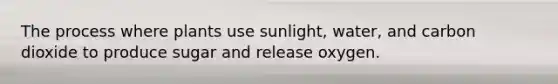 The process where plants use sunlight, water, and carbon dioxide to produce sugar and release oxygen.