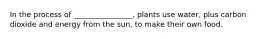 In the process of ________________, plants use water, plus carbon dioxide and energy from the sun, to make their own food.