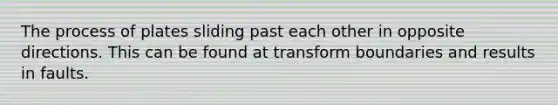 The process of plates sliding past each other in opposite directions. This can be found at transform boundaries and results in faults.