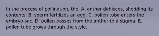 In the process of pollination, the: A. anther dehisces, shedding its contents. B. sperm fertilizes an egg. C. pollen tube enters the embryo sac. D. pollen passes from the anther to a stigma. E. pollen tube grows through the style.