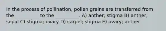 In the process of pollination, pollen grains are transferred from the __________ to the __________. A) anther; stigma B) anther; sepal C) stigma; ovary D) carpel; stigma E) ovary; anther