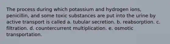 The process during which potassium and hydrogen ions, penicillin, and some toxic substances are put into the urine by active transport is called a. tubular secretion. b. reabsorption. c. filtration. d. countercurrent multiplication. e. osmotic transportation.