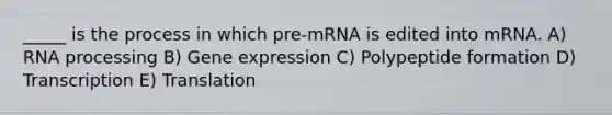 _____ is the process in which pre-mRNA is edited into mRNA. A) <a href='https://www.questionai.com/knowledge/kapY3KpASG-rna-processing' class='anchor-knowledge'>rna processing</a> B) <a href='https://www.questionai.com/knowledge/kFtiqWOIJT-gene-expression' class='anchor-knowledge'>gene expression</a> C) Polypeptide formation D) Transcription E) Translation