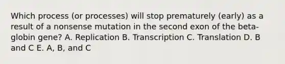 Which process (or processes) will stop prematurely (early) as a result of a nonsense mutation in the second exon of the beta-globin gene? A. Replication B. Transcription C. Translation D. B and C E. A, B, and C