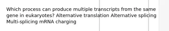 Which process can produce multiple transcripts from the same gene in eukaryotes? Alternative translation Alternative splicing Multi-splicing mRNA charging