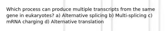 Which process can produce multiple transcripts from the same gene in eukaryotes? a) Alternative splicing b) Multi-splicing c) mRNA charging d) Alternative translation