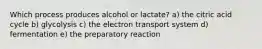 Which process produces alcohol or lactate? a) the citric acid cycle b) glycolysis c) the electron transport system d) fermentation e) the preparatory reaction