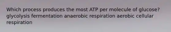 Which process produces the most ATP per molecule of glucose? glycolysis fermentation anaerobic respiration aerobic cellular respiration