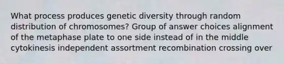 What process produces genetic diversity through random distribution of chromosomes? Group of answer choices alignment of the metaphase plate to one side instead of in the middle cytokinesis independent assortment recombination crossing over