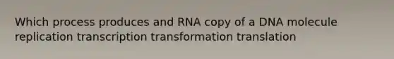 Which process produces and RNA copy of a DNA molecule replication transcription transformation translation