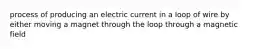 process of producing an electric current in a loop of wire by either moving a magnet through the loop through a magnetic field