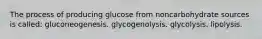 The process of producing glucose from noncarbohydrate sources is called: gluconeogenesis. glycogenolysis. glycolysis. lipolysis.