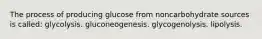 The process of producing glucose from noncarbohydrate sources is called: glycolysis. gluconeogenesis. glycogenolysis. lipolysis.