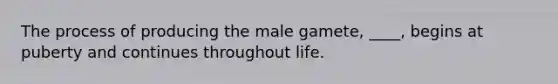 The process of producing the male gamete, ____, begins at puberty and continues throughout life.