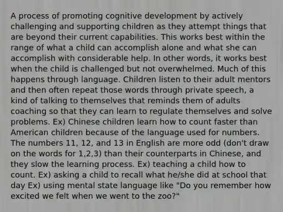 A process of promoting cognitive development by actively challenging and supporting children as they attempt things that are beyond their current capabilities. This works best within the range of what a child can accomplish alone and what she can accomplish with considerable help. In other words, it works best when the child is challenged but not overwhelmed. Much of this happens through language. Children listen to their adult mentors and then often repeat those words through private speech, a kind of talking to themselves that reminds them of adults coaching so that they can learn to regulate themselves and solve problems. Ex) Chinese children learn how to count faster than American children because of the language used for numbers. The numbers 11, 12, and 13 in English are more odd (don't draw on the words for 1,2,3) than their counterparts in Chinese, and they slow the learning process. Ex) teaching a child how to count. Ex) asking a child to recall what he/she did at school that day Ex) using mental state language like "Do you remember how excited we felt when we went to the zoo?"