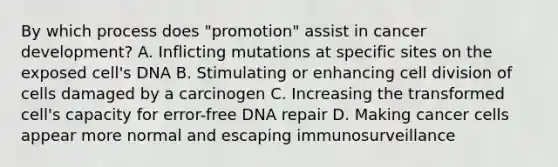 By which process does "promotion" assist in cancer development? A. Inflicting mutations at specific sites on the exposed cell's DNA B. Stimulating or enhancing cell division of cells damaged by a carcinogen C. Increasing the transformed cell's capacity for error-free DNA repair D. Making cancer cells appear more normal and escaping immunosurveillance