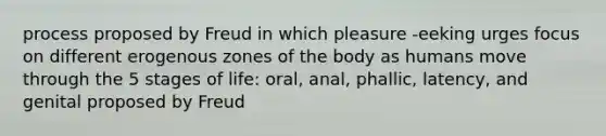 process proposed by Freud in which pleasure -eeking urges focus on different erogenous zones of the body as humans move through the 5 stages of life: oral, anal, phallic, latency, and genital proposed by Freud