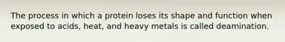 The process in which a protein loses its shape and function when exposed to acids, heat, and heavy metals is called deamination.