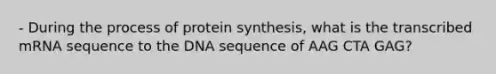 - During the process of protein synthesis, what is the transcribed mRNA sequence to the DNA sequence of AAG CTA GAG?