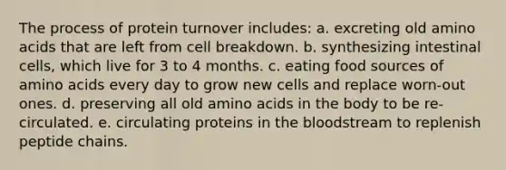 The process of protein turnover includes:​ a. ​excreting old amino acids that are left from cell breakdown. b. ​synthesizing intestinal cells, which live for 3 to 4 months. c. ​eating food sources of amino acids every day to grow new cells and replace worn-out ones. d. ​preserving all old amino acids in the body to be re-circulated. e. ​circulating proteins in the bloodstream to replenish peptide chains.