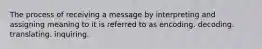 The process of receiving a message by interpreting and assigning meaning to it is referred to as encoding. decoding. translating. inquiring.