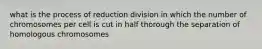 what is the process of reduction division in which the number of chromosomes per cell is cut in half thorough the separation of homologous chromosomes