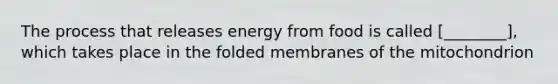 The process that releases energy from food is called [________], which takes place in the folded membranes of the mitochondrion