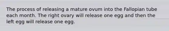 The process of releasing a mature ovum into the Fallopian tube each month. The right ovary will release one egg and then the left egg will release one egg.