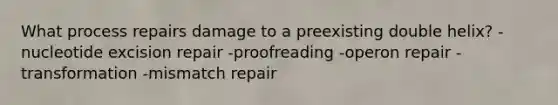 What process repairs damage to a preexisting double helix? -nucleotide excision repair -proofreading -operon repair -transformation -mismatch repair