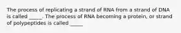 The process of replicating a strand of RNA from a strand of DNA is called _____. The process of RNA becoming a protein, or strand of polypeptides is called _____