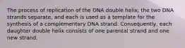 The process of replication of the DNA double helix; the two DNA strands separate, and each is used as a template for the synthesis of a complementary DNA strand. Consequently, each daughter double helix consists of one parental strand and one new strand.