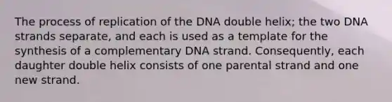 The process of replication of the DNA double helix; the two DNA strands separate, and each is used as a template for the synthesis of a complementary DNA strand. Consequently, each daughter double helix consists of one parental strand and one new strand.