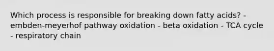 Which process is responsible for breaking down fatty acids? - embden-meyerhof pathway oxidation - beta oxidation - TCA cycle - respiratory chain