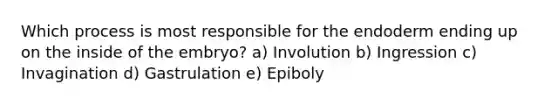 Which process is most responsible for the endoderm ending up on the inside of the embryo? a) Involution b) Ingression c) Invagination d) Gastrulation e) Epiboly