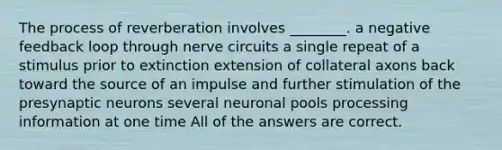 The process of reverberation involves ________. a negative feedback loop through nerve circuits a single repeat of a stimulus prior to extinction extension of collateral axons back toward the source of an impulse and further stimulation of the presynaptic neurons several neuronal pools processing information at one time All of the answers are correct.