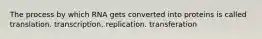 The process by which RNA gets converted into proteins is called translation. transcription. replication. transferation