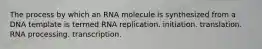 The process by which an RNA molecule is synthesized from a DNA template is termed RNA replication. initiation. translation. RNA processing. transcription.