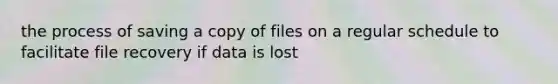 the process of saving a copy of files on a regular schedule to facilitate file recovery if data is lost