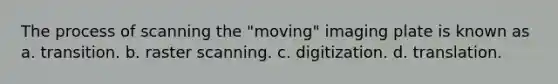 The process of scanning the "moving" imaging plate is known as a. transition. b. raster scanning. c. digitization. d. translation.