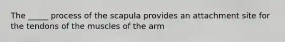 The _____ process of the scapula provides an attachment site for the tendons of the muscles of the arm