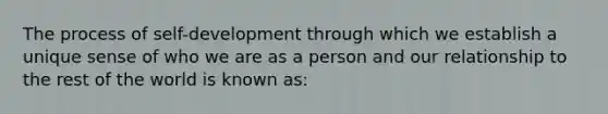 The process of self-development through which we establish a unique sense of who we are as a person and our relationship to the rest of the world is known as: